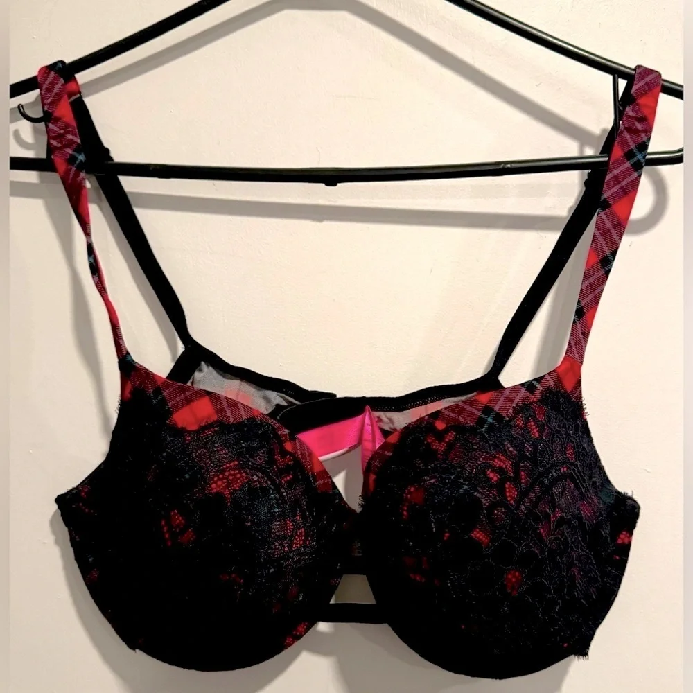LA SENZA so free balconnet plaid lace push up bra red black romantic goth 36DD - Picture 2 of 5